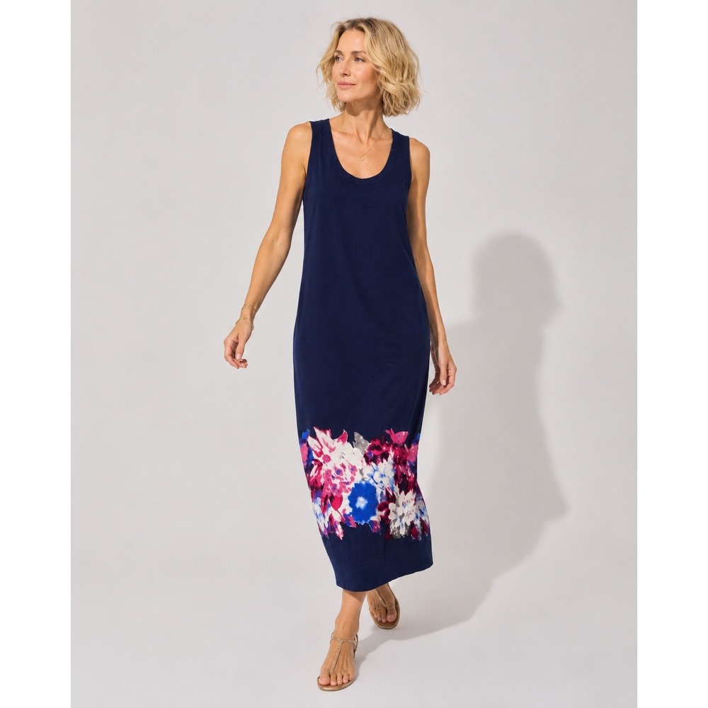 Pure DKNY Navy Blue Floral Border Print Cotton Sleeveless Maxi Dress L‎ NEW